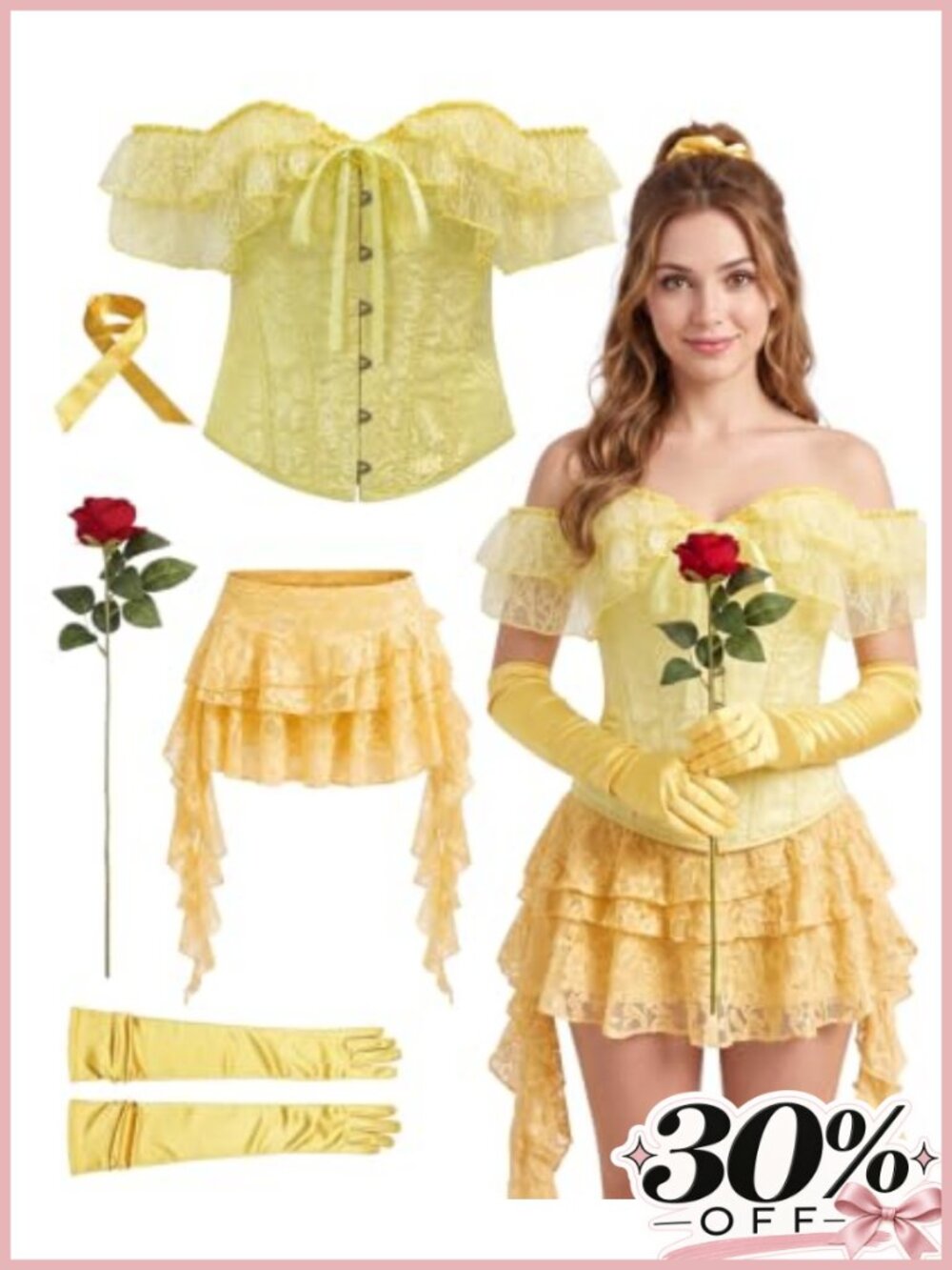 5 Pc Princess Costume Set Women Cosplay Corset Lace Skirt Gloves Headband